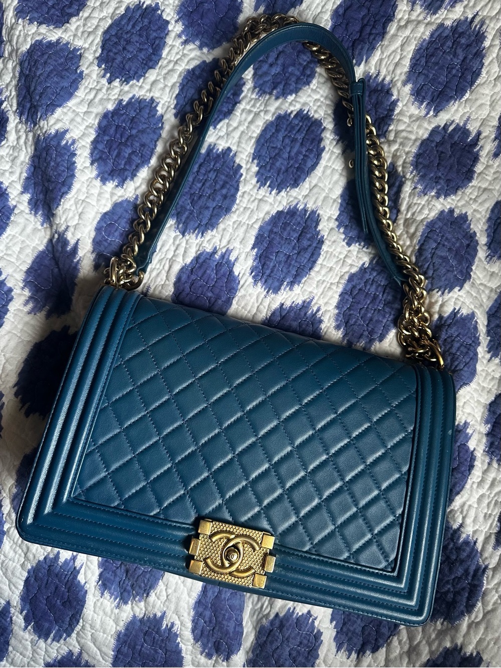 Chanel Boy Bag Medium Blue Lambskin Leather Aged Gold Hardware